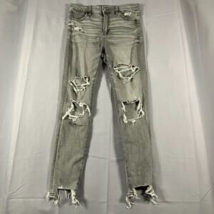 American Eagle Women’s Size 10 Gray Distressed Ripped Skinny Jeans Frayed Hem